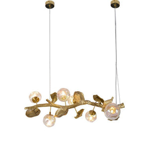 Organic Glass Bubble Brass Branch Chandelier with Leaves - view 2