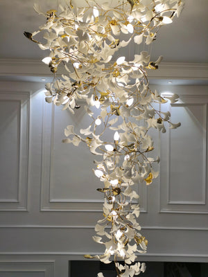 Artistic Tree Branch Pendant Light with Ceramic Ginkgo Leaves for High Ceilings in Hotel or Home, chandelier - view 11