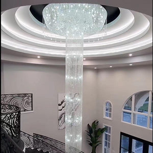 Extra Large Flush Mount Silver Waterfall Luxury Ceiling Crystal Chandelier for High-ceiling Living Room/Duplex Hall