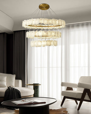 3-tiered stairwell chandeliers | irregular alabaster plate in disk ceiling with long cord, three-tier - view 7