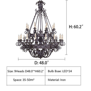 D48.0"*H60.2" — Vintage Iron Simple Candle Art Chandelier for Living Room / Villa / Stairs