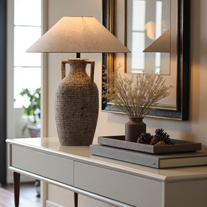 Amphora, Rustic Ceramic Base with Classic Fabric Shade, 19.7" D x 28.3" H, table lamp - view 2