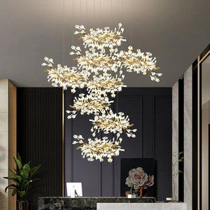 Ceramic Ginkgo Cascading Chandelier, in gold & white