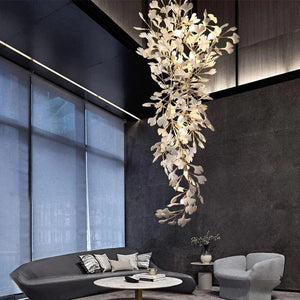 Artistic Tree Branch Pendant Light with Ceramic Ginkgo Leaves for High Ceilings in Hotel or Home, chandelier - view 2