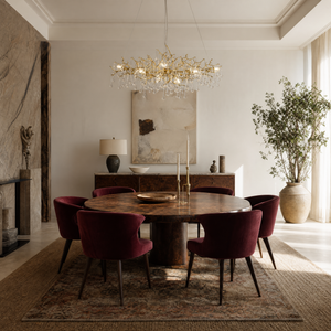 A gold metal branch chandelier with hanging clear crystal raindrops suspended by cables in a room.