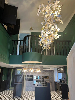 Artistic Tree Branch Pendant Light with Ceramic Ginkgo Leaves for High Ceilings in Hotel or Home, chandelier - view 21