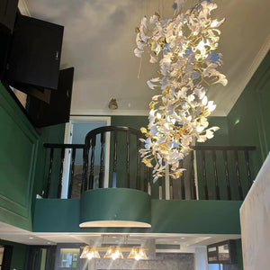 Artistic Tree Branch Pendant Light with Ceramic Ginkgo Leaves for High Ceilings in Hotel or Home, chandelier - view 3