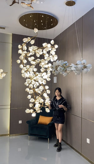 Spiral Pure White Magnolia Chandelier with Golden Branches for Staircase/High-ceiling Space/Foyer/ Duplex - view 7