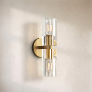 Auraline crystal 2-light wall sconce, two fluted crystal cylinders stacked on a brass bracket
