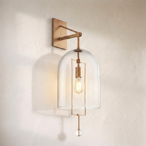 Fable sconce, clear glass cloche over a brass frame and Edison bulb with a crystal finial