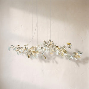 Gingko leaves chandelier, porcelain and brass ginkgo leaves along a long branching brass stem