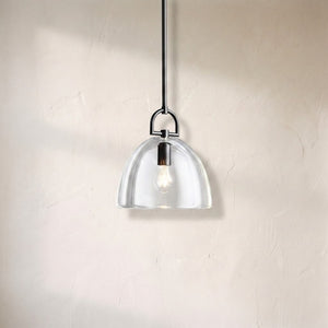 Haloid pendant, clear glass dome shade on a blackened bronze stem and yoke