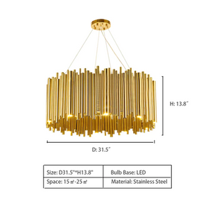 D31.5"*H13.8" — Modern Classic Round Fashion Gold Tube Pendant Chandelier for Living/Dining Room