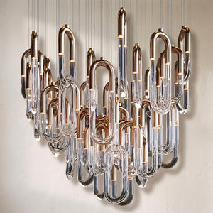 Orlisse chandelier, cluster of gold and clear glass hairpin loops at staggered heights