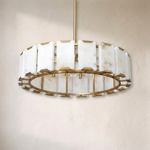 Rovira alabaster chandelier, backlit alabaster panels bracketed in brass around an open drum