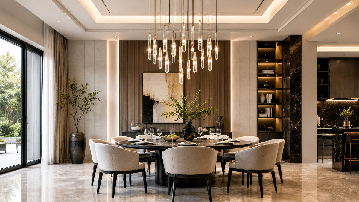 Linear crystal drop chandelier over a dining table under an oval recessed ceiling