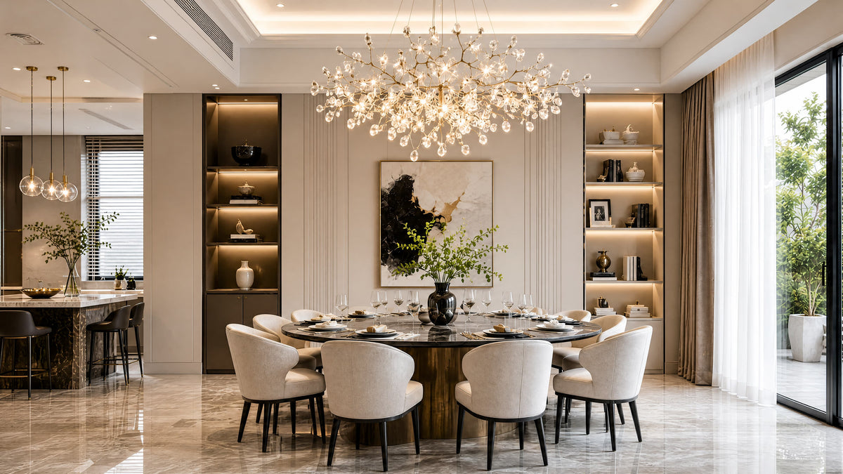 Crystal sphere cluster chandelier above a round dining table in a contemporary villa