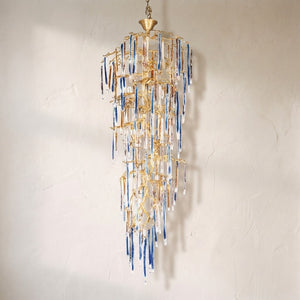 Willow Branch glass foyer chandelier, gilded branches spiralling with blue, amber and clear glass icicles