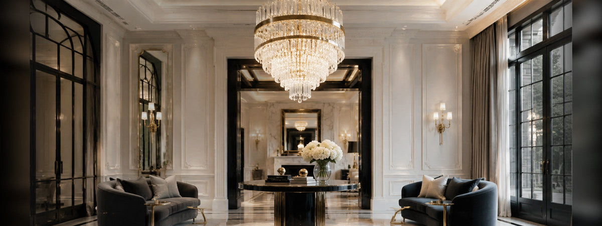 Crystal chandelier in a grand reception hall, RHL Lighting