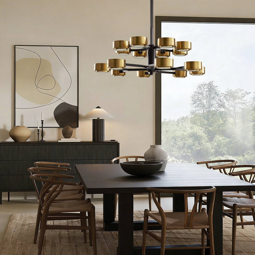 Two-tier brass chandelier in a bright dining room