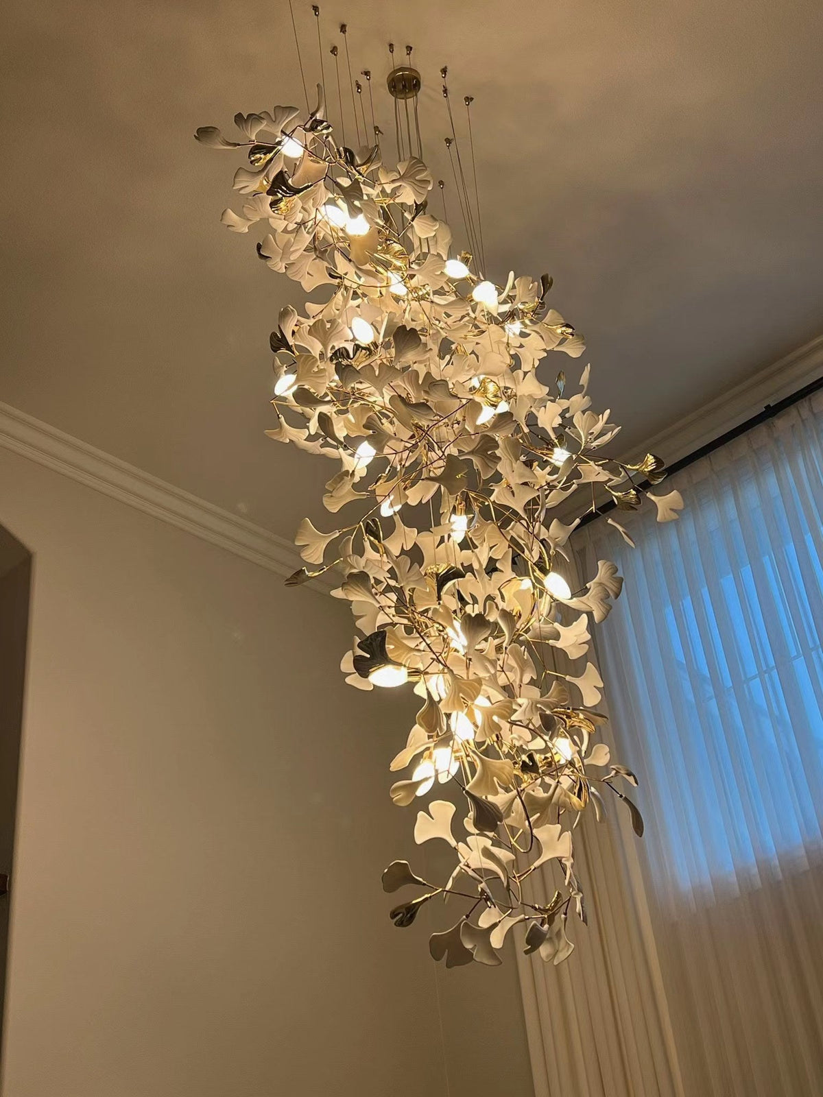Artistic Tree Branch Pendant Light with Ceramic Ginkgo Leaves for High Ceilings in Hotel or Home, chandelier - view 23