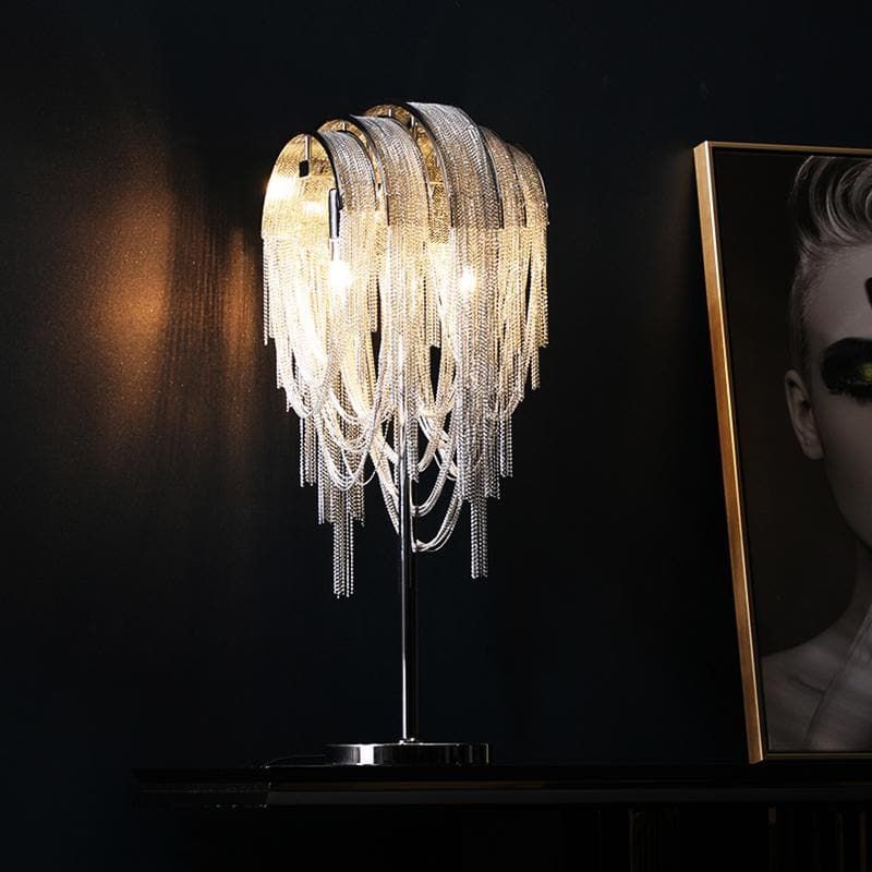 Liz Luxury Hardware Aluminum Chain Tassel Table Lamp, chandelier