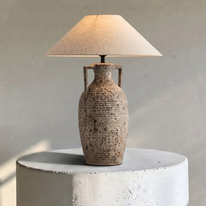 Amphora, Rustic Ceramic Base with Classic Fabric Shade, 19.7" D x 28.3" H, table lamp
