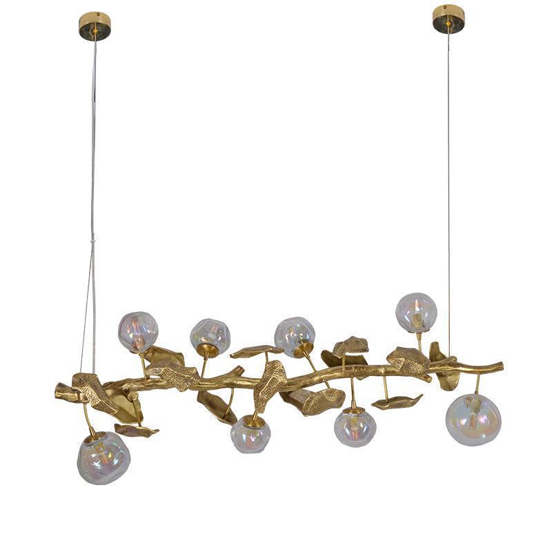 Long Organic Glass Bubble Brass Leaves Branch Chandelier 59" L - view 2