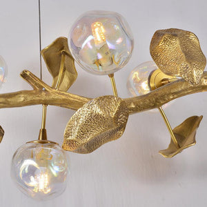 Organic Glass Bubble Brass Branch Chandelier with Leaves - view 3