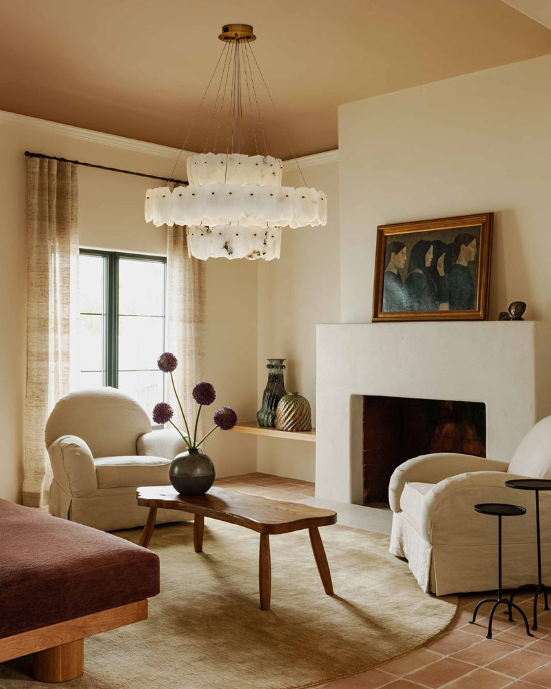 3-tiered stairwell chandeliers | irregular alabaster plate in disk ceiling with long cord, three-tier - view 4