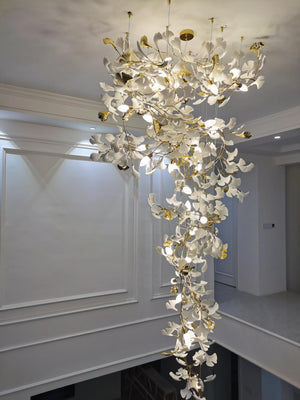 Artistic Tree Branch Pendant Light with Ceramic Ginkgo Leaves for High Ceilings in Hotel or Home, chandelier - view 12