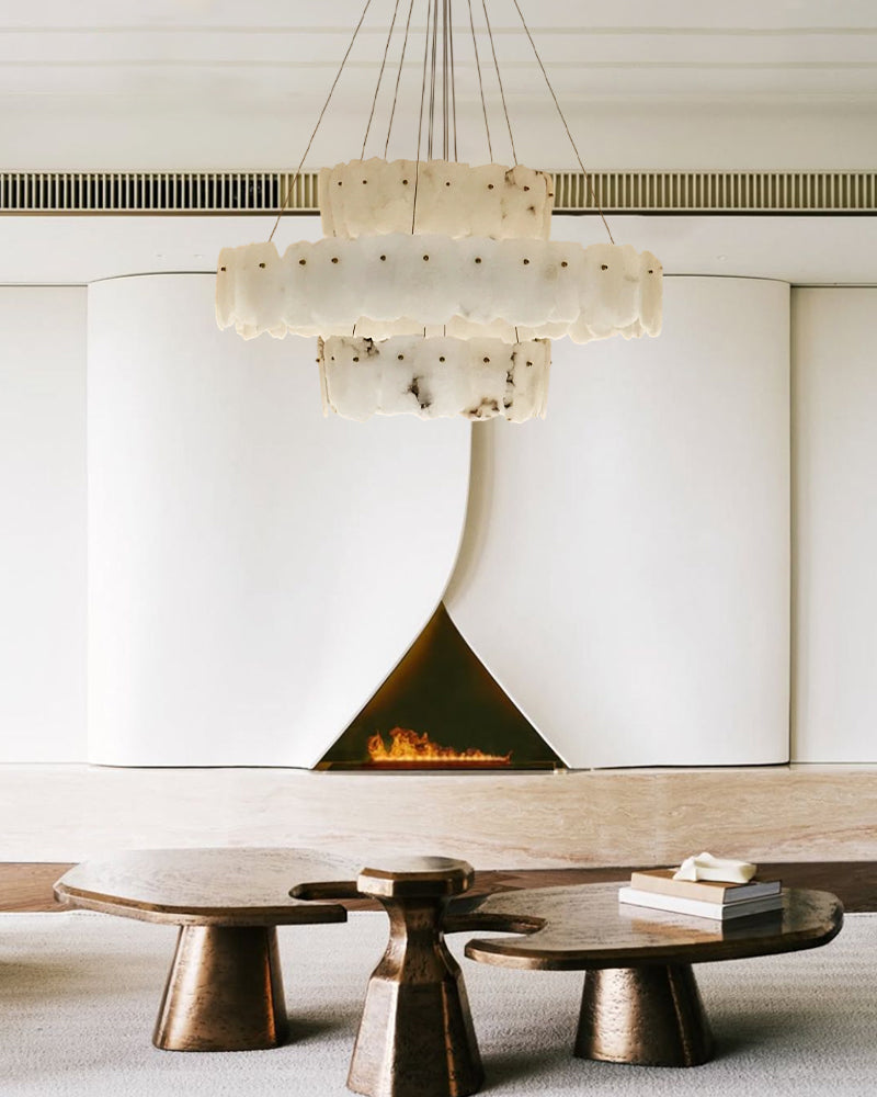 3-tiered stairwell chandeliers | irregular alabaster plate in disk ceiling with long cord, three-tier - view 2