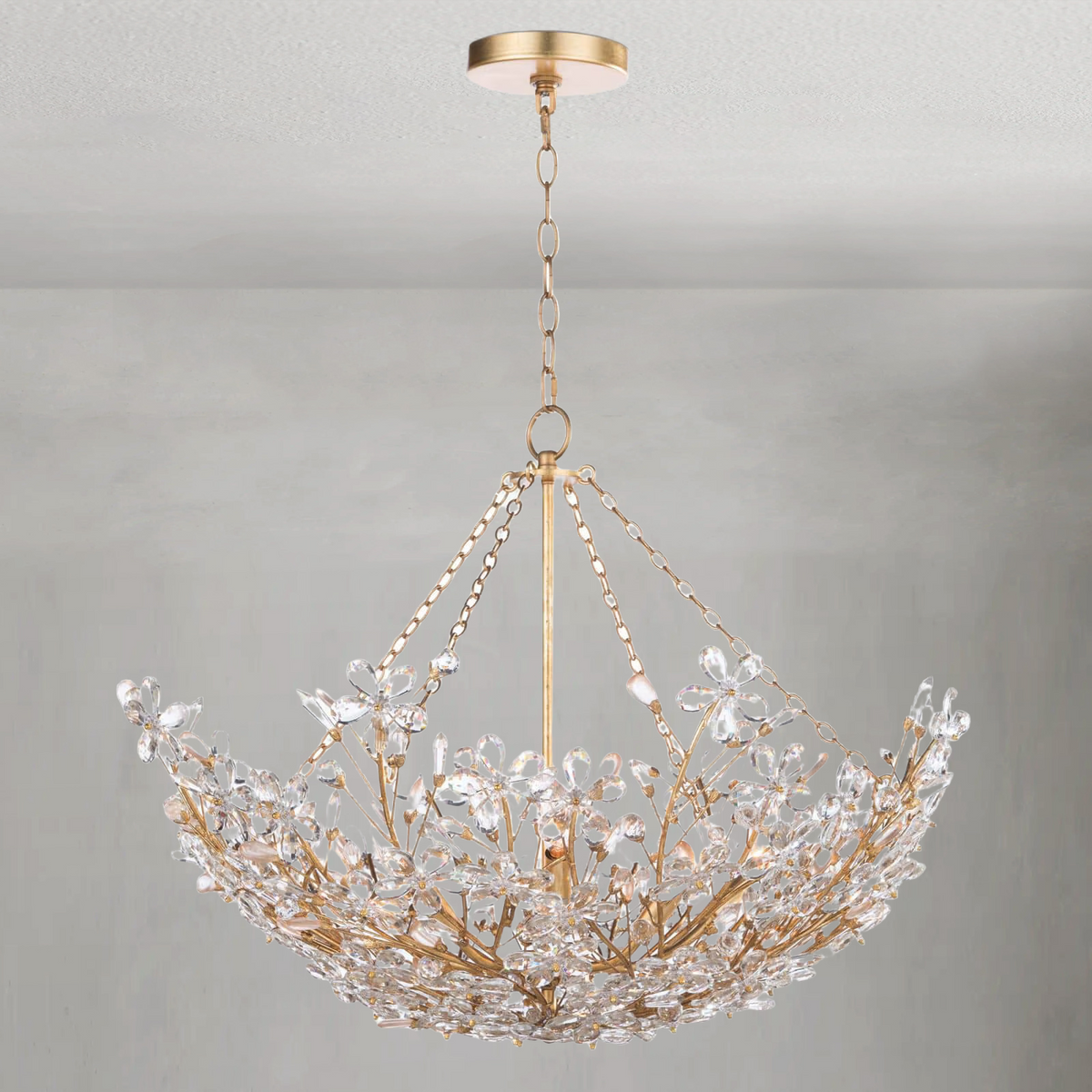 Helios Basin Chandelier, crystal in gold leaf