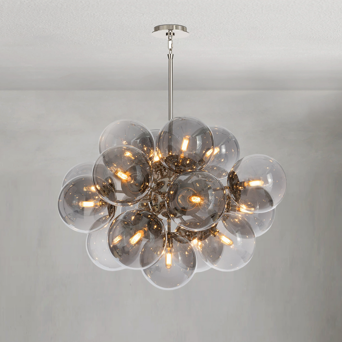 Driftelle Nickel Smoked  Glass Chandelier, smoke glass in polished nickel