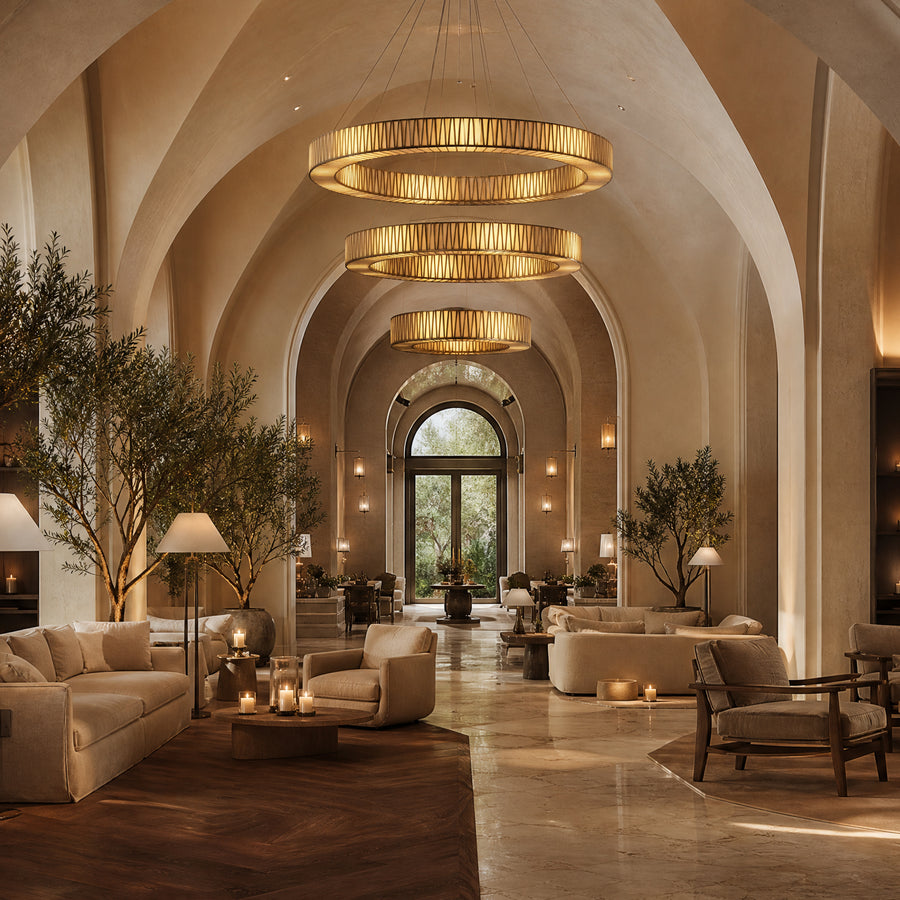 Vaulted plaster lounge with three ribbed brass ring chandeliers above linen sofas