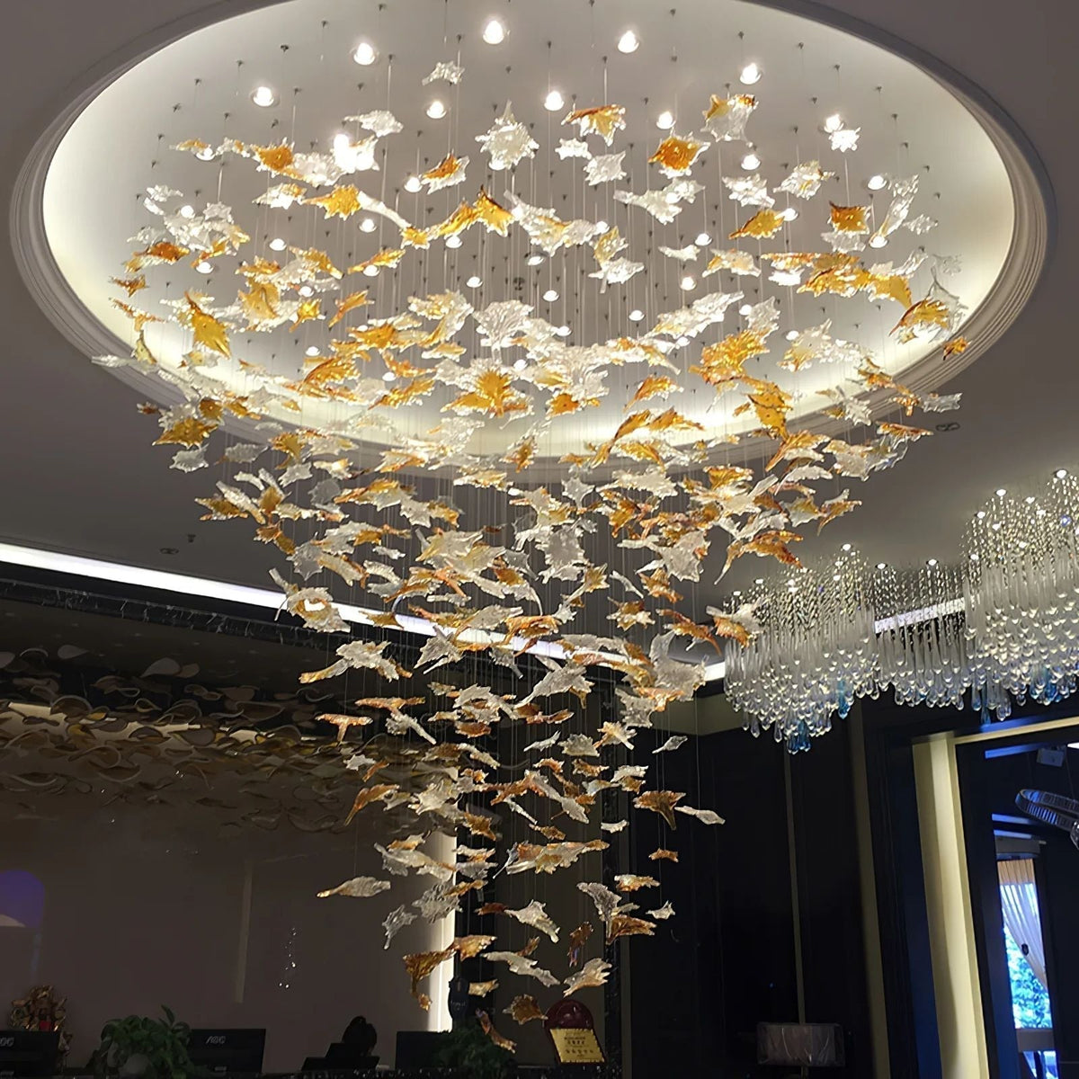 Multicolor Maple Leaf Art Glass Large Oversize Chandelier