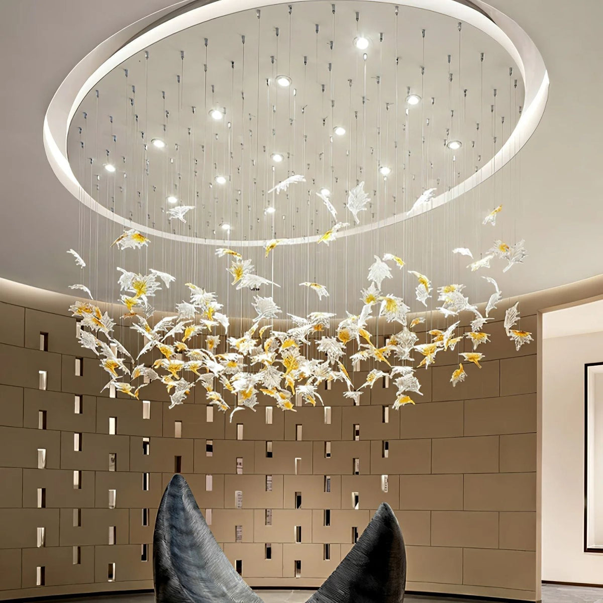 Multicolor Maple Leaf Art Glass Large Oversize Chandelier