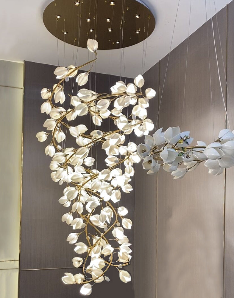 Spiral Pure White Magnolia Chandelier with Golden Branches for Staircase/High-ceiling Space/Foyer/ Duplex - view 11