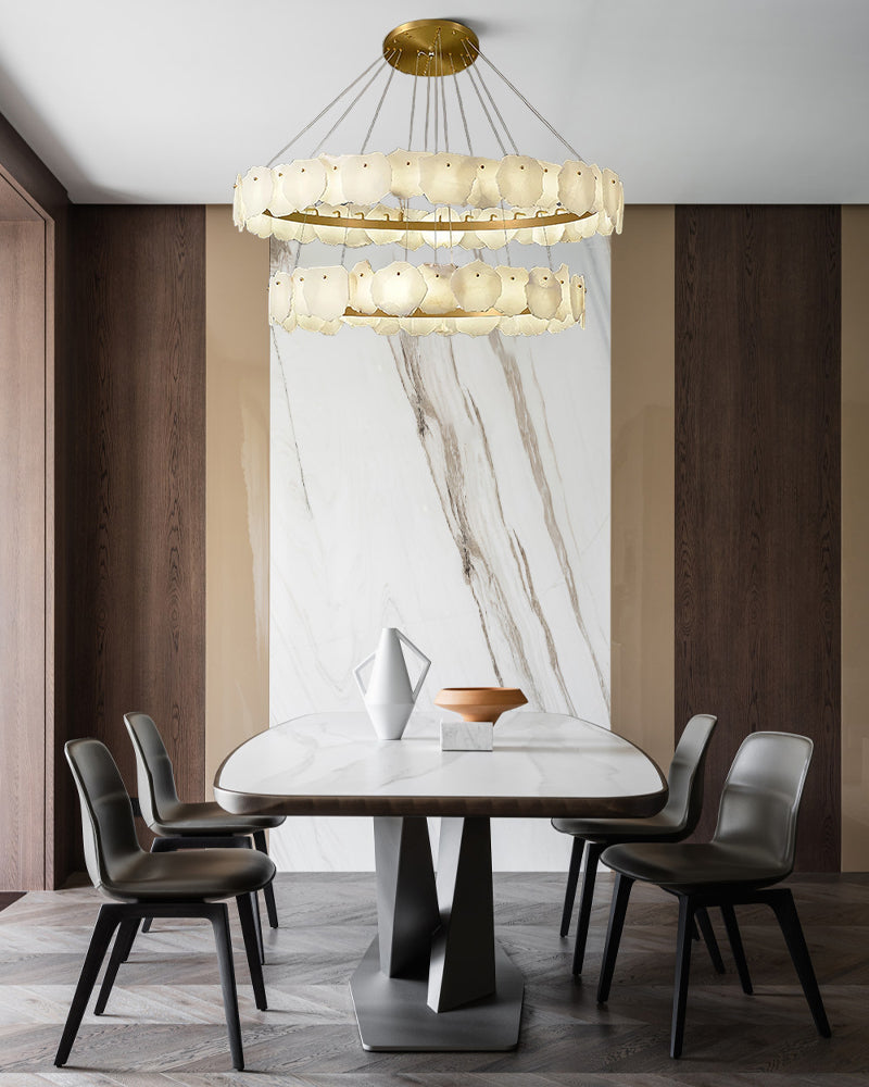 3-tiered stairwell chandeliers | irregular alabaster plate in disk ceiling with long cord, three-tier - view 3