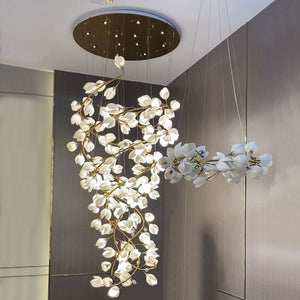 Spiral Pure White Magnolia Chandelier with Golden Branches for Staircase/High-ceiling Space/Foyer/ Duplex - view 2