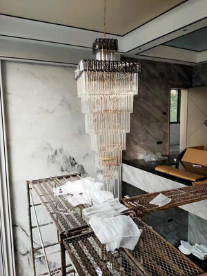 Decorative Large Vertical Crystal Staircase Chandelier Foyer Ceiling Light Fixture Lamp In Gray/ Amber Brim - view 13
