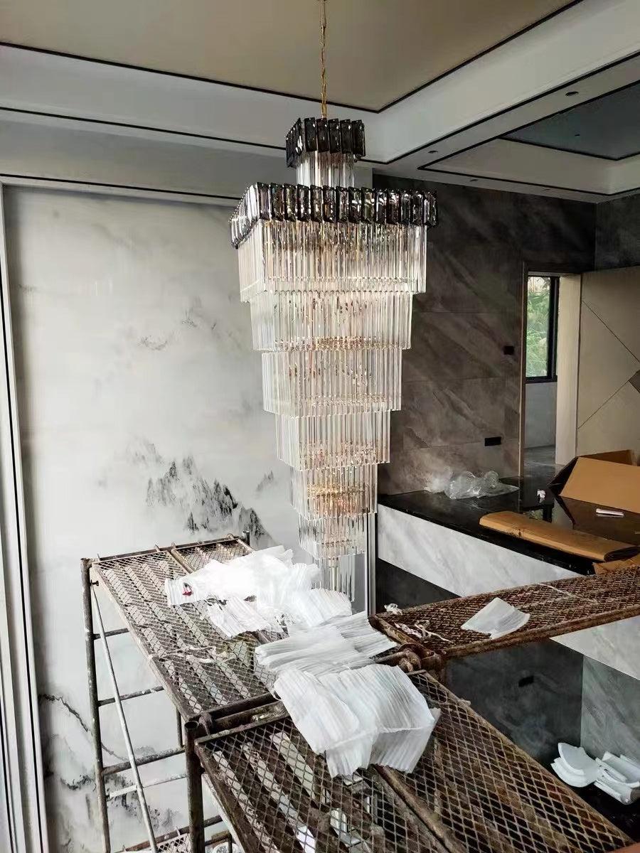 Decorative Large Vertical Crystal Staircase Chandelier Foyer Ceiling Light Fixture Lamp In Gray/ Amber Brim - view 13