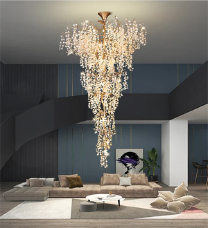 Modern Unique Artistic Flower Brass Branch Semi-flush Mount Chandelier for Living Room/ Hallway/ Entryway/ Staircase - view 5