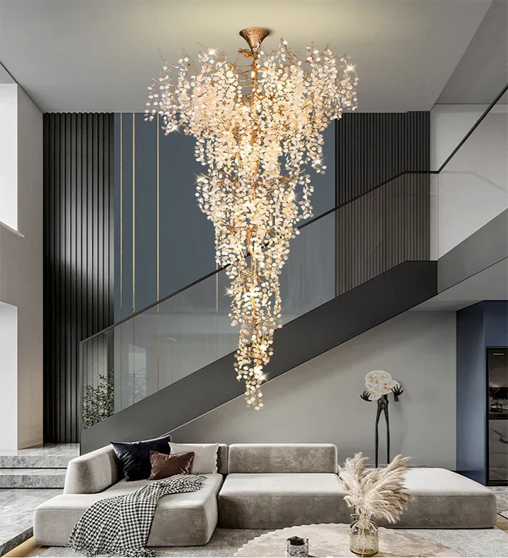 Modern Unique Artistic Flower Brass Branch Semi-flush Mount Chandelier for Living Room/ Hallway/ Entryway/ Staircase - view 6