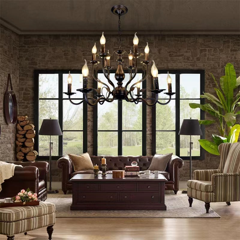 Multi Layer Iron Chandelier with Electronic Candles in Vintage Country Style for Living Room Cafe and Study - view 2