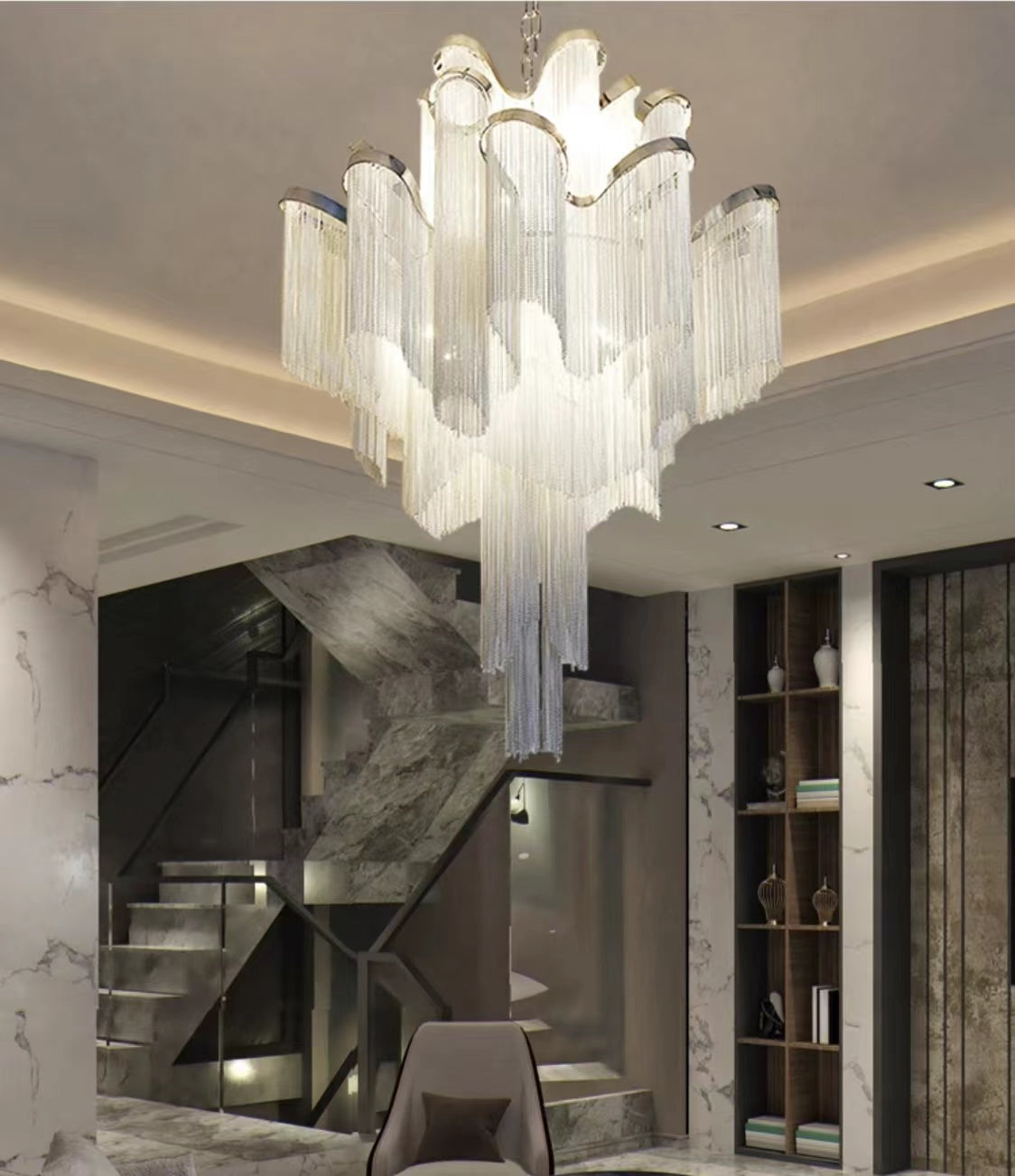 Post-Modern Extra Large Stainless Steel Long Tassel Chandelier for Large Living Room / Staircase / Villa / Duplexes - view 7