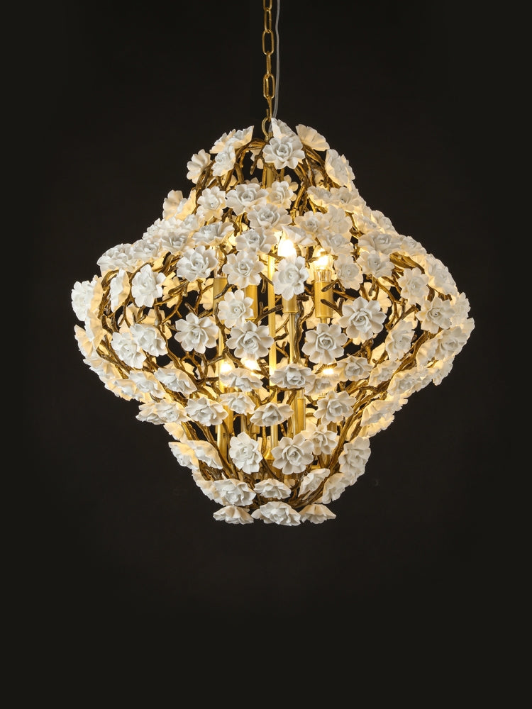 Brass and Ceramic Flower Art Chandelier Post Modern Light Luxury Style for Living and Dining Areas - view 3