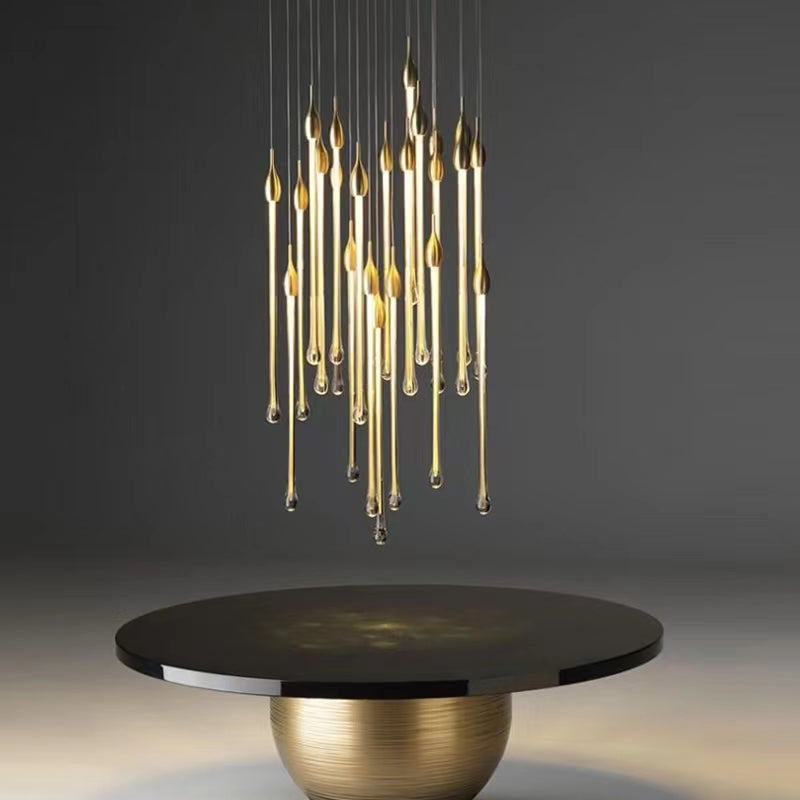 Modern Long Gold Glass Rain Rod Pendant Light for Staircase/High-ceiling room, chandelier