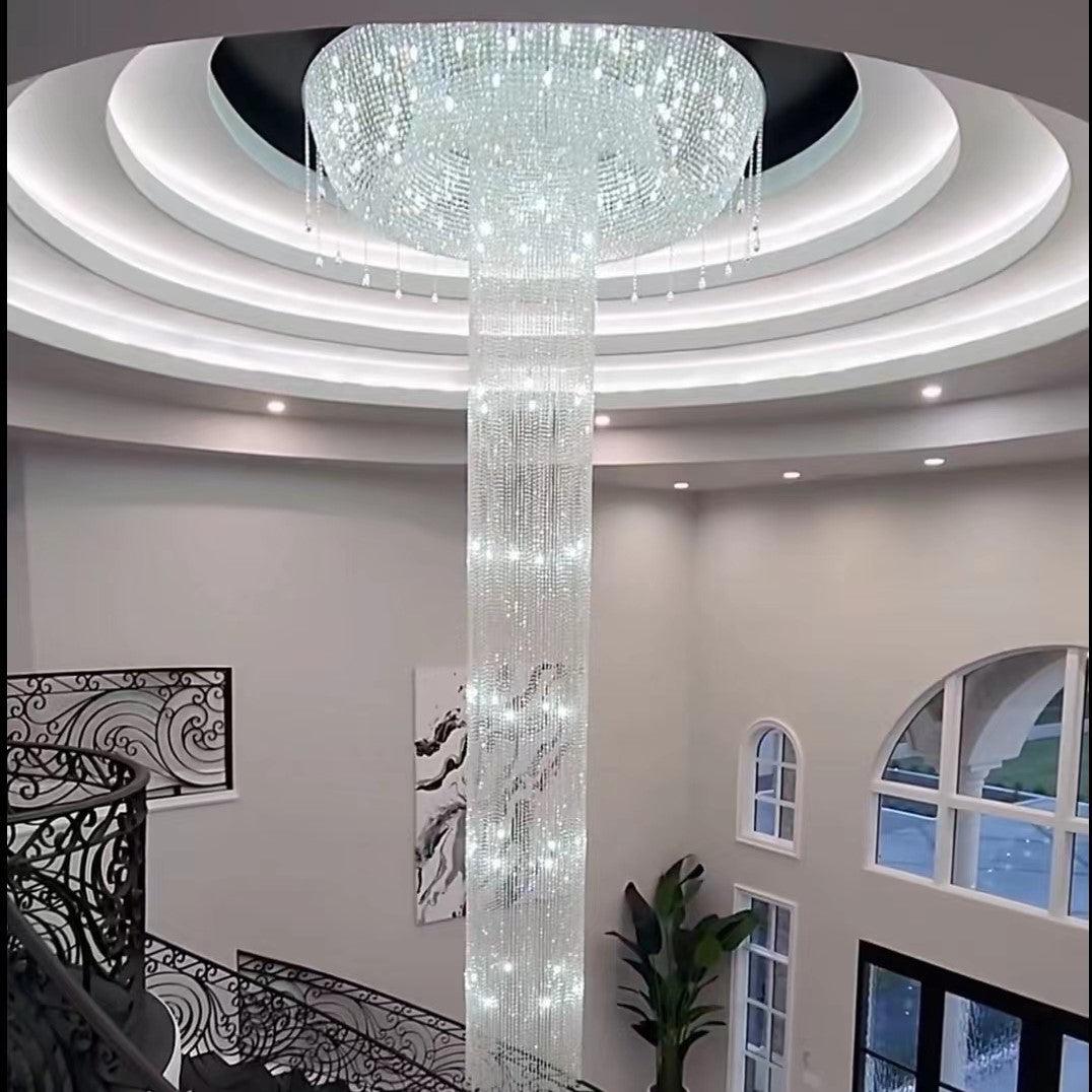 Extra Large Flush Mount Silver Waterfall Luxury Ceiling Crystal Chandelier for High-ceiling Living Room/Duplex Hall