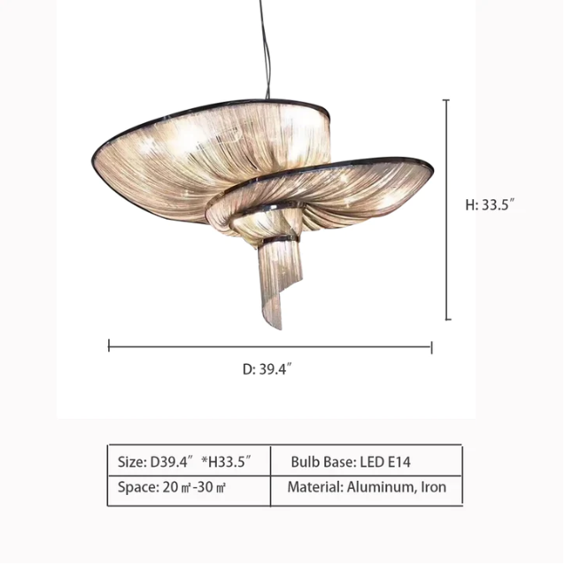 D39.4"*H33.5" — Oversized Art Fashion Spiral Tassel Aluminum Chain Chandelier for Living Room/Foyer